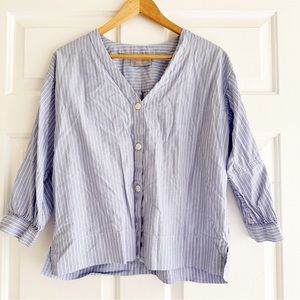 Everlane Women's V Neck 3/4 Sleeve Button Down Striped Blouse Top Shirt